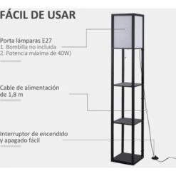 HOMCOM Lámpara De Pie De Madera Con 3 Estantes Para Bombilla E27 Potencia Máx. 40W Lámpara Moderna Para Salón Dormitorio 26x26x160 Cm Negro Y Blanco -Trio Ventas 18715656 5