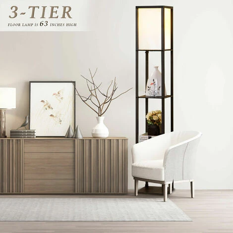 Lámpara De Pie Organizador Suelo Con 4 Estantes De Madera Lectura Pantalla LED E27 26 X 26 X 160cm Negro 4 Lámpara De Pie Organizador Suelo Con 4 Estantes De Madera Lectura Pantalla LED E27 26 X 26 X 160cm Negro - Imagen 2