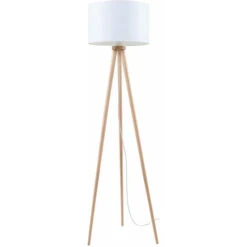 Lámpara De Pie Trípode De Madera Lámpara De Pie Trípode De Madera Lámpara De Pie De Diseño Escandinavo, Color Natural Con Pantalla Redonda En Blanco, 1x E27, H 160 Cm