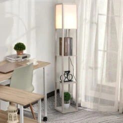 HOMCOM Lámpara De Pie De Madera Con 3 Estantes Para Bombilla E27 Potencia Máx. 40W Lámpara Moderna Para Salón Dormitorio 26x26x160 Cm Roble Y Blanco -Trio Ventas 37214011 3