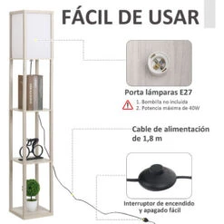 HOMCOM Lámpara De Pie De Madera Con 3 Estantes Para Bombilla E27 Potencia Máx. 40W Lámpara Moderna Para Salón Dormitorio 26x26x160 Cm Roble Y Blanco -Trio Ventas 37214011 5
