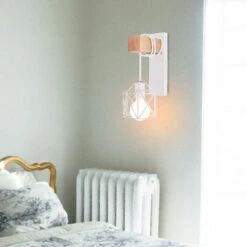 Lámpara De Pared Con Forma De Cubo De Apliques De Pared De Madera Retro Aplique De Pared Cuadrado Creativo Moderno Para Mesita De Noche Loft Escalera Blanco -Trio Ventas 52857240 3