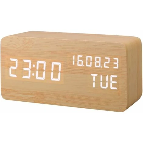 Despertador LED De Madera Artificial, Reloj Digital Activado Por Sonido, Con Temperatura/humedad/calendario Brillo USB/enchufe De Batería 3 Despertador LED De Madera Artificial, Reloj Digital Activado Por Sonido, Con Temperatura/humedad/calendario Brillo USB/enchufe De Batería