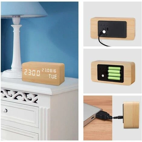 Despertador LED De Madera Artificial, Reloj Digital Activado Por Sonido, Con Temperatura/humedad/calendario Brillo USB/enchufe De Batería 7 Despertador LED De Madera Artificial, Reloj Digital Activado Por Sonido, Con Temperatura/humedad/calendario Brillo USB/enchufe De Batería - Imagen 5