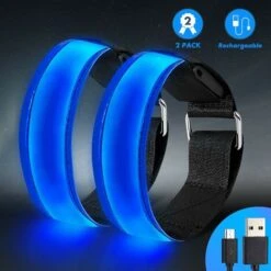 MINKUROW Brazalete Led, Recargable, Brazalete Luminoso 2 Pcs Banda Reflectante Usb Banda Reflectante Brazaletes Led Banda Luminosa Bandas Reflectantes Para Niños Para Correr, Correr Deportes, Azul