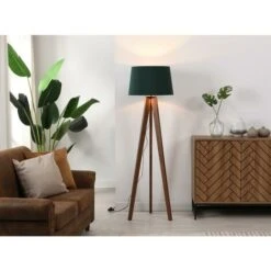 Lámpara Con Trípode De Madera Marrón Y Pantalla De Tela Verde Oscuro - D.45 X Alt. 152 Cm - LORENS - Venta-unica