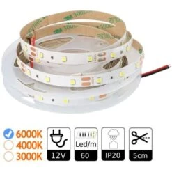 Jandei Tiras LED 12V Blanco Frío 6000K 300LED Bobina 5 Metros IP20 Interior SMD2835 Base Adhesiva De Alta Calidad 3M. Corte Cada 5 Centímetros.