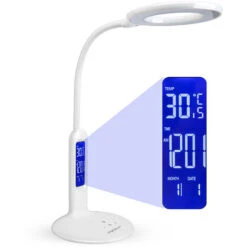Aigostar Flexo 10KZP - Lámpara De Escritorio LED 7W, Pantalla LCD Con Calendario, Temperatura, Alarma. Táctil, 360lm. 5 Niveles De Intensidad, 2 Modos De Iluminación Luz Blanca Y Cálida. Color Blanco