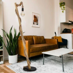 Lámpara De Pie Lámpara De Pie Para Sala De Estar Madera Negra Lámpara De Madera Cuerda De Cáñamo, Aspecto De Madera Estilo Rústico, Marrón Metal, 1x Casquillo E27, L X An. X Al. 42,5x30x150cm