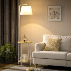 HOMCOM Lámpara De Pie Moderna Con Mesas Lámpara Con Estantes Casquillo E27 Máx. 40W Con Pantalla De Lino E Interruptor De Pie Para Salón 43x39,5x162cm -Trio Ventas 81834604 3