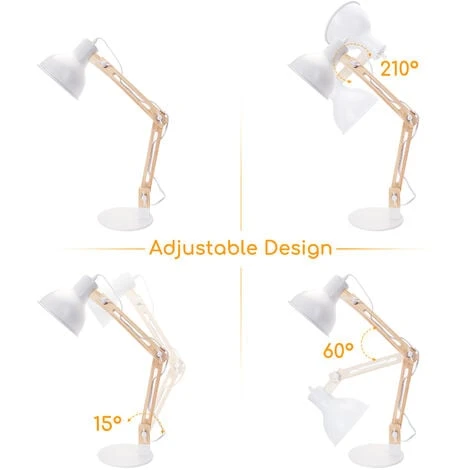 Aigostar Lámpara De Escritorio Retro Con Brazo Articulado Giratorio, Flexo Escritorio Vintage E27, Lámpara De Mesa Ajustable De Madera Para Oficina, Sala, Estudio Y Dormitorio - Blanco 5 Aigostar Lámpara De Escritorio Retro Con Brazo Articulado Giratorio, Flexo Escritorio Vintage E27, Lámpara De Mesa Ajustable De Madera Para Oficina, Sala, Estudio Y Dormitorio - Blanco - Imagen 3