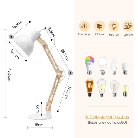 Aigostar Lámpara De Escritorio Retro Con Brazo Articulado Giratorio, Flexo Escritorio Vintage E27, Lámpara De Mesa Ajustable De Madera Para Oficina, Sala, Estudio Y Dormitorio - Blanco 6 Aigostar Lámpara De Escritorio Retro Con Brazo Articulado Giratorio, Flexo Escritorio Vintage E27, Lámpara De Mesa Ajustable De Madera Para Oficina, Sala, Estudio Y Dormitorio - Blanco - Imagen 4