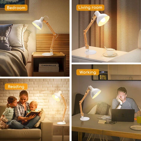 Aigostar Lámpara De Escritorio Retro Con Brazo Articulado Giratorio, Flexo Escritorio Vintage E27, Lámpara De Mesa Ajustable De Madera Para Oficina, Sala, Estudio Y Dormitorio - Blanco 7 Aigostar Lámpara De Escritorio Retro Con Brazo Articulado Giratorio, Flexo Escritorio Vintage E27, Lámpara De Mesa Ajustable De Madera Para Oficina, Sala, Estudio Y Dormitorio - Blanco - Imagen 5