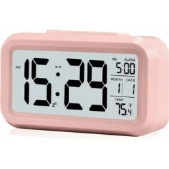 MINKUROW Reloj Despertador Digital Inteligente Con Fecha Y Temperatura Botón De Repetición Reloj De Escritorio Rectangular Alimentado Por Batería Para Dormitorio Oficina Rosa