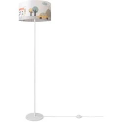 Paco Home Luminaria Pie Habitación Infantil Pantalla Cuarto Bebé Coches Policía Bomberos E27 Diseño 2 (Ø38 Cm), Lámpara De Pie De Una Pata - Blanco