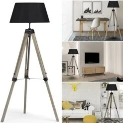 Lámpara De Pie Trípode Con Pantalla, Ajustable De Madera Tipo Trípode, Hogar Y Oficina Decoración Iluminación, Lámpara De Pie Clásica Para Salón, Lado De La Cama - Negro