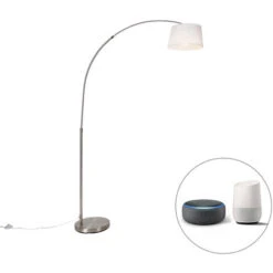 QAZQA Moderno Lámpara De Arco Inteligente De Acero Con Pantalla De Tela Blanca Con Wifi A60 - Arc Basic Acero /Textil Redonda Adecuado Para LED Max. 1 X Watt