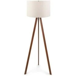 Lámpara De Pie Pantalla Recta Con 70% Mdf / 30% Pvc Fabric, Blanco Trípode Oscuro, Colección Tanganica, 38x38x140, Casquillo E 27