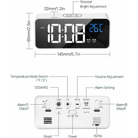Reloj Despertador Digital Con Gran Pantalla LED De Temperatura, Reloj De Cabecera Con 13 Sonidos De Alarma, Puerto De Carga USB, Atenuador De Brillo Ajustable De 4 Niveles, Repetición, Alarma De Espej 4 Reloj Despertador Digital Con Gran Pantalla LED De Temperatura, Reloj De Cabecera Con 13 Sonidos De Alarma, Puerto De Carga USB, Atenuador De Brillo Ajustable De 4 Niveles, Repetición, Alarma De Espej - Imagen 2